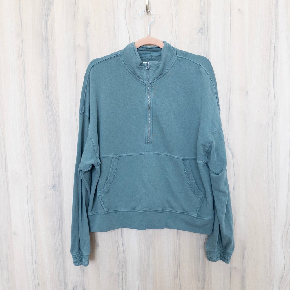 Aerie Womens Sweatshirt M Green‎ Quarter Zip Oversized Athleisure Sporty Granola